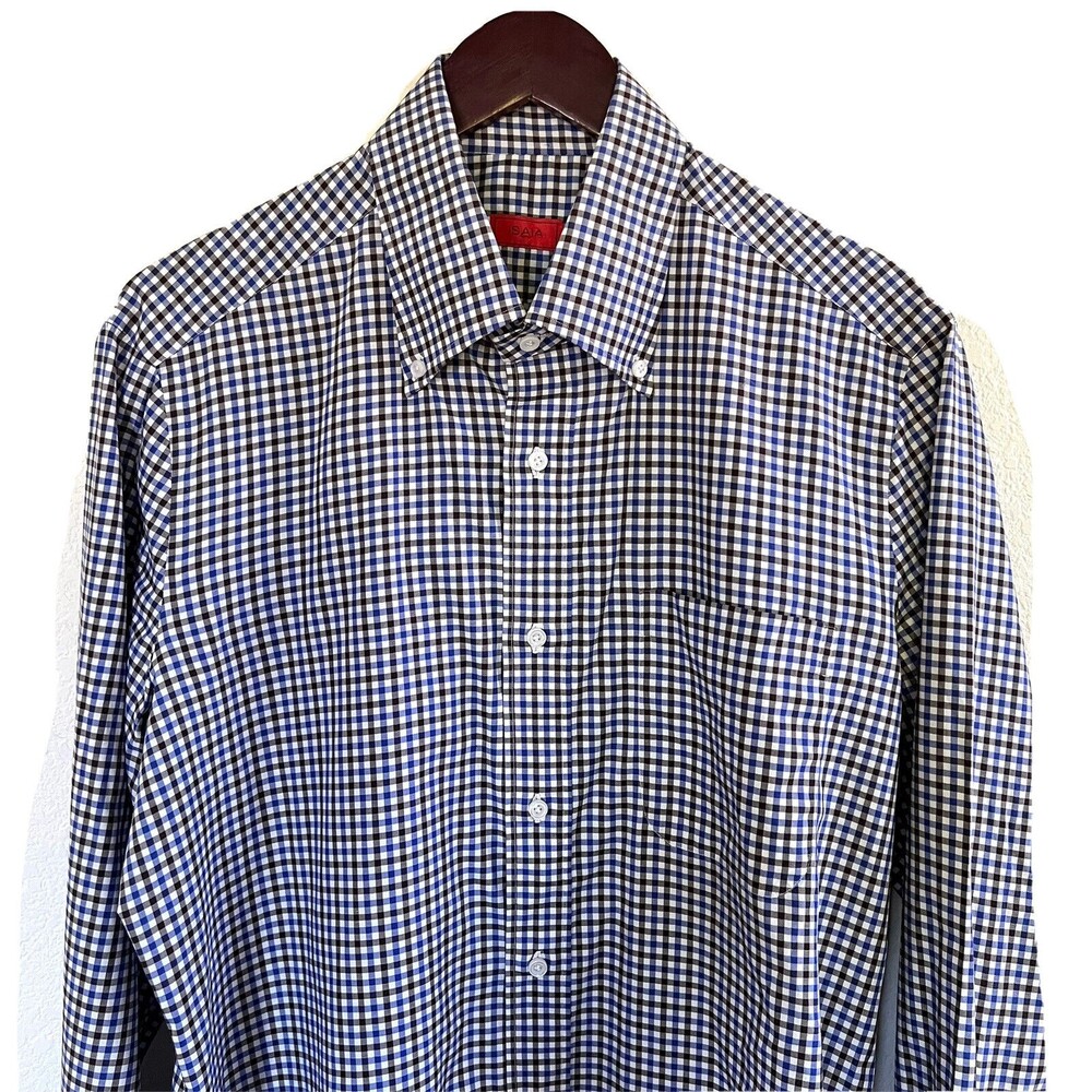 Isaia Napoli Mens Checked Button Down Shirt Size L Blue White